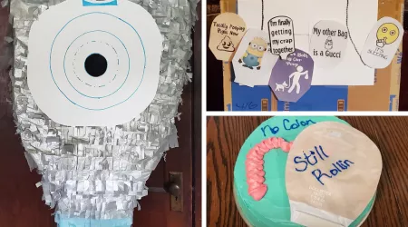 A collage of various ideas for a stomaversary party.