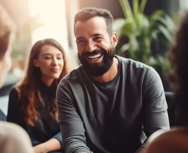 young bearded man laughing 