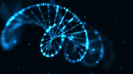 Glowing blue DNA double helix made of light-like dots and lines, floating against a dark background, giving the feel of biotechnology.