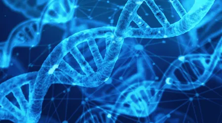 A close-up digital illustration of glowing blue DNA strands twisting through a dark blue background. Multiple double helixes appear at different depths, connected by a network of lighted nodes and lines.